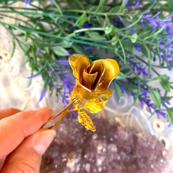 VTG Mid-Century Gold Long Stem Rose Brooch - Picture 3 of 7